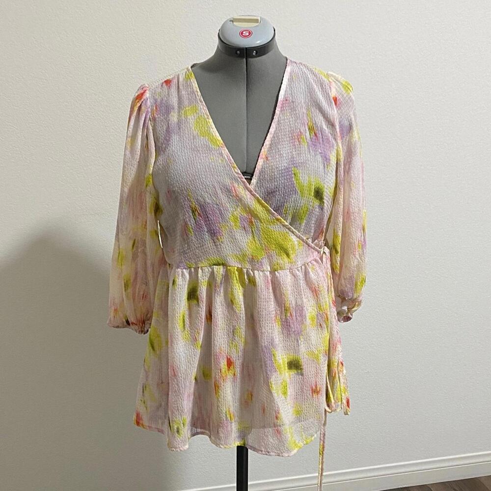 Pink Yellow Sheer Wrap Blouse Top Medium Whimsical Coquette Festive